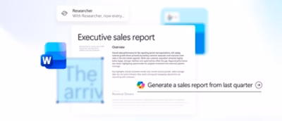 Microsoft Word interface displaying an executive sales report with a prompt to generate a sales report from the last quarter using AI assistance.