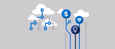 A diagram of a cloud computing system with blue and white clouds and symbols.