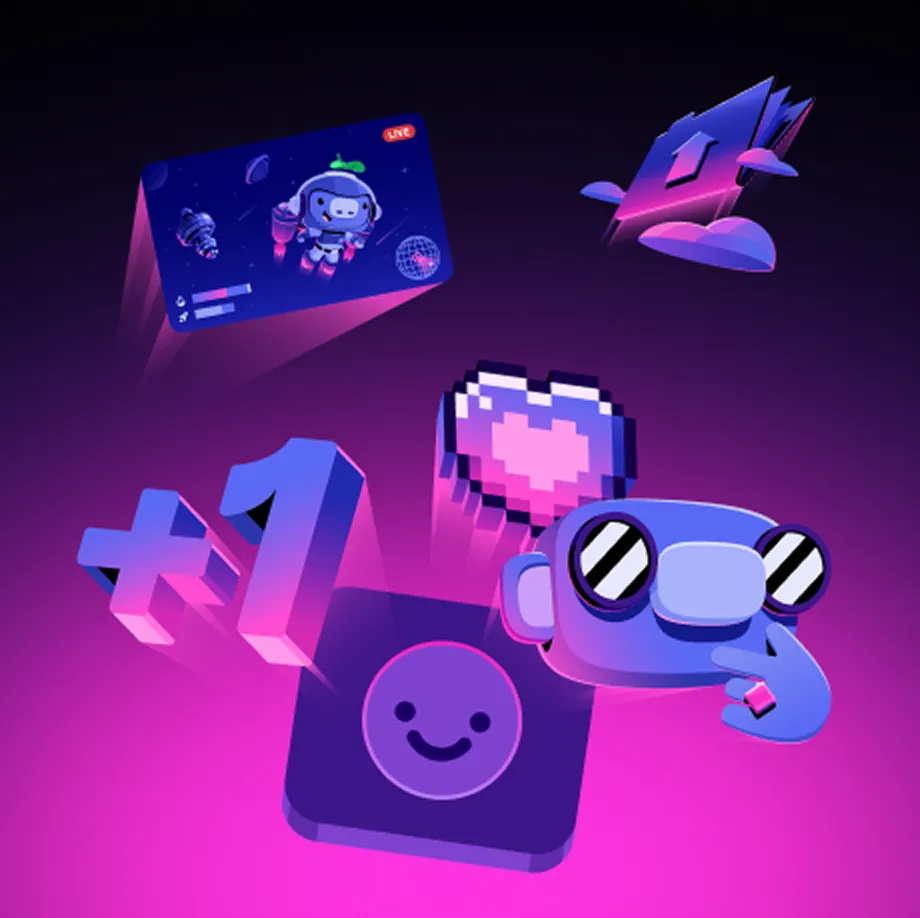 Nitro: Floating 3D icons including a heart, a file folder, Wumpus with glasses, and a plus-one symbol on a purple background.