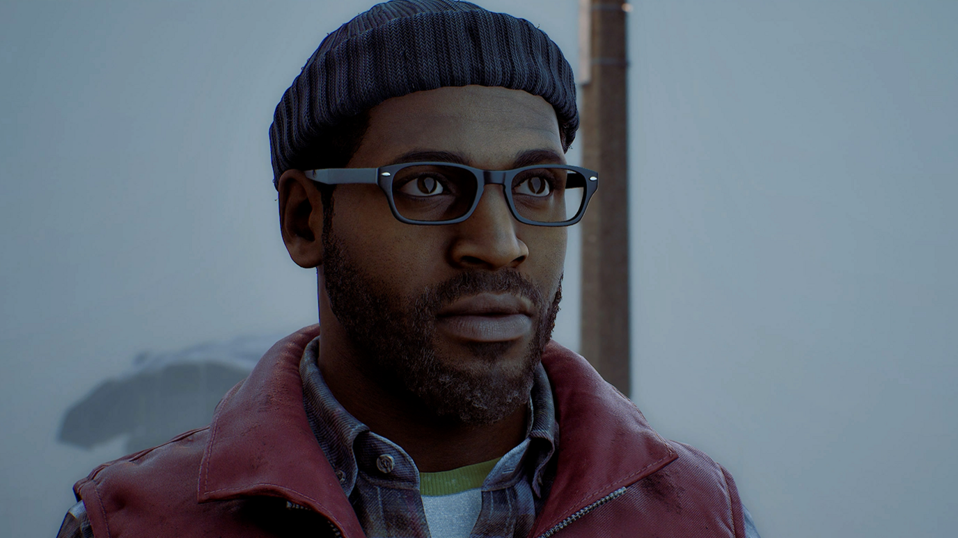 An in-game screenshot showing Simon the protagonist, with a black beard and glasses. He is wearing a blue beanie and a checked blue shirt and a red gilet. He is standing in the fog looking off camera.