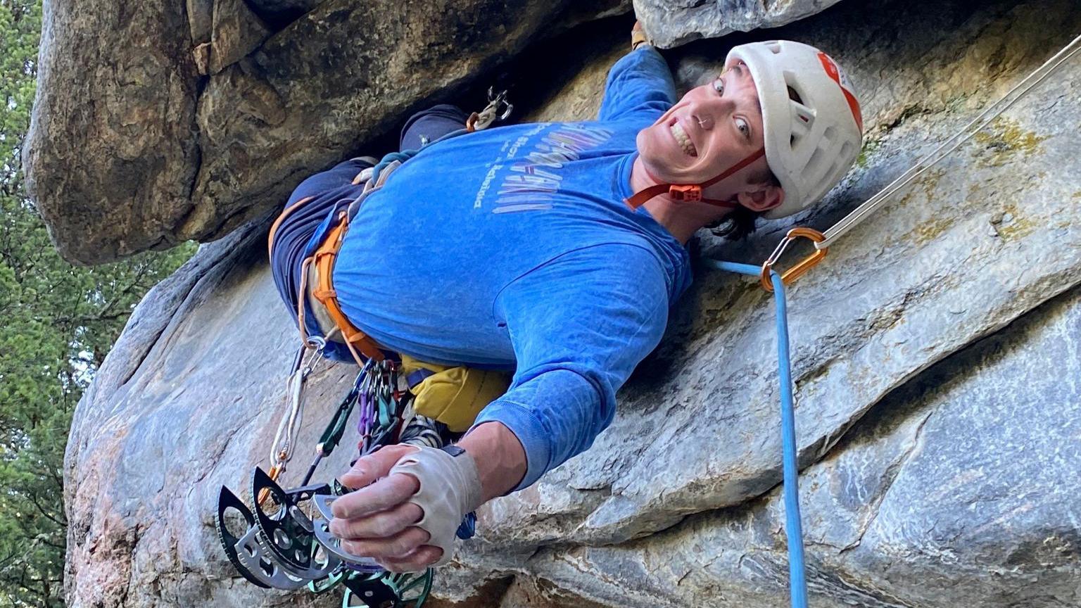 This photo courtesy of Dylan Miller shows Alaskan climber Balin Miller climbing the route "Croc’s Nose" at Crocodile Rock in Hyalite Canyon near Bozeman, Mont., Sept. 29, 2024. (Dylan Miller via AP)
