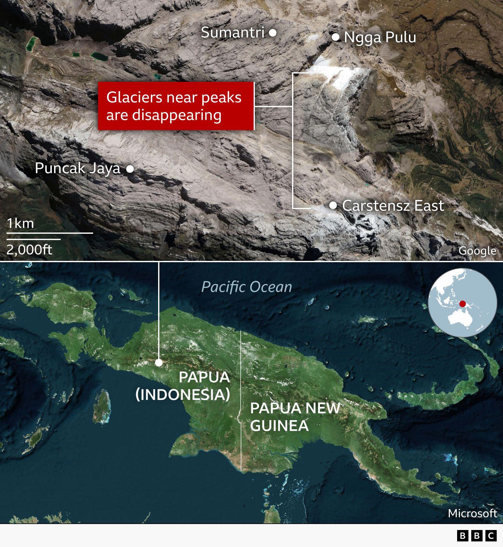 Map and satellite image showing rapidly shrinking glaciers around Puncak Jaya in Indonesia's Papua region. Labels mark nearby peaks including Sumantri, Ngga Pulu and Carstensz East, with a callout noting that glaciers near the peaks are disappearing. An inset map locates Papua on the island of New Guinea, north of Australia, alongside Papua New Guinea.