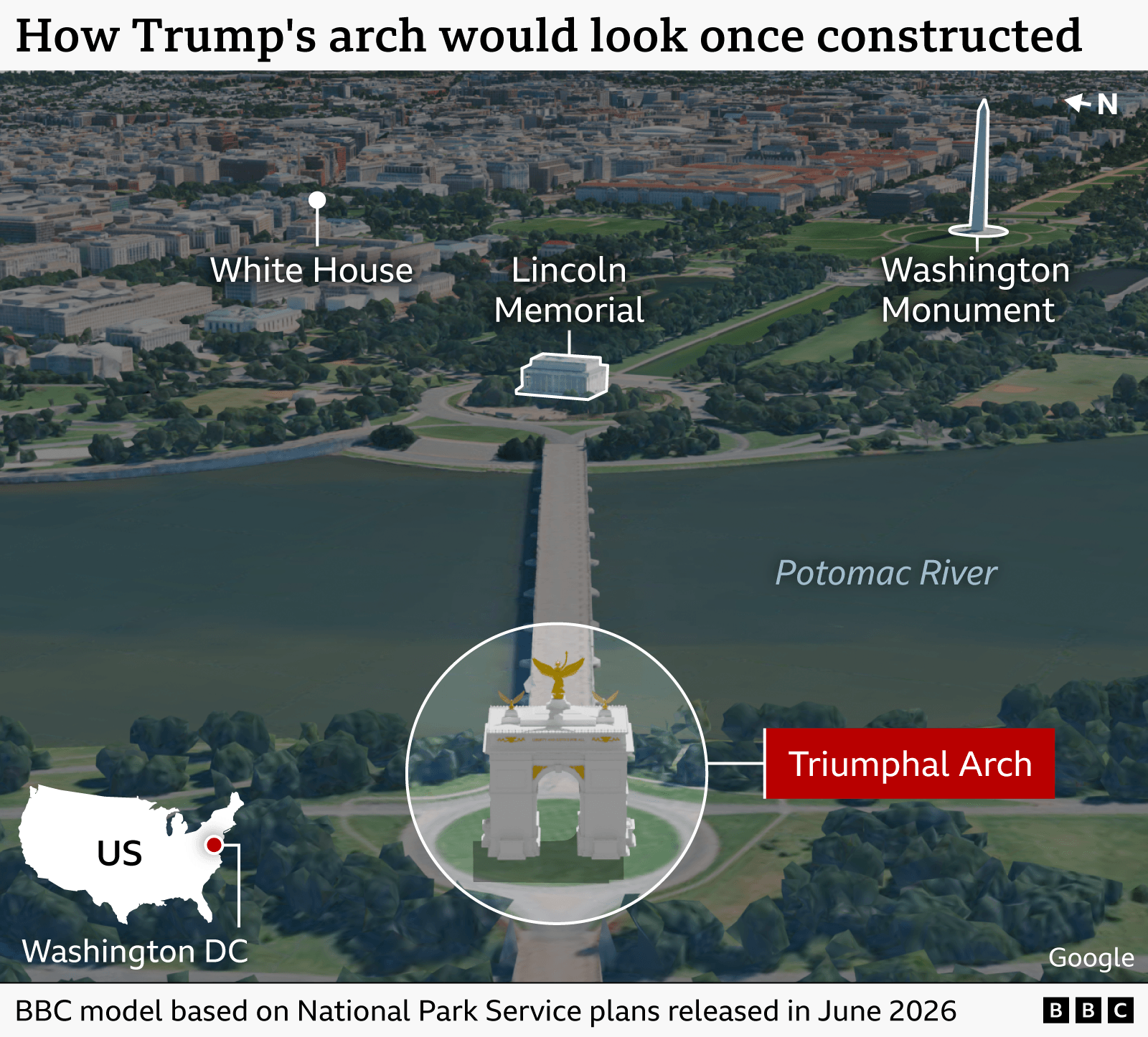 Satellite image with 3D buildings visible showing a model of the proposed Triumphal Arch in Washington DC, positioned south of the Potomac River at the end of Arlington Memorial Bridge. The Lincoln Memorial, on the other side of the bridge, the Washington Monument, further to the east, and the White House, to the north east, are all labelled. 