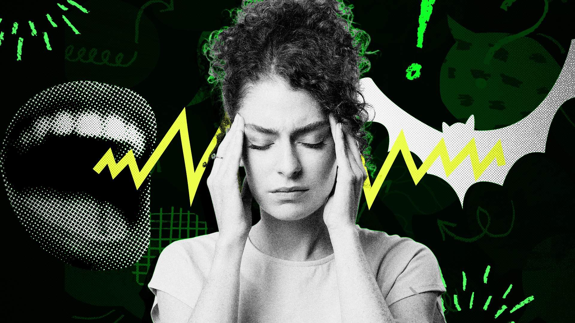 A woman with her hands over her temples and her eyes closed.