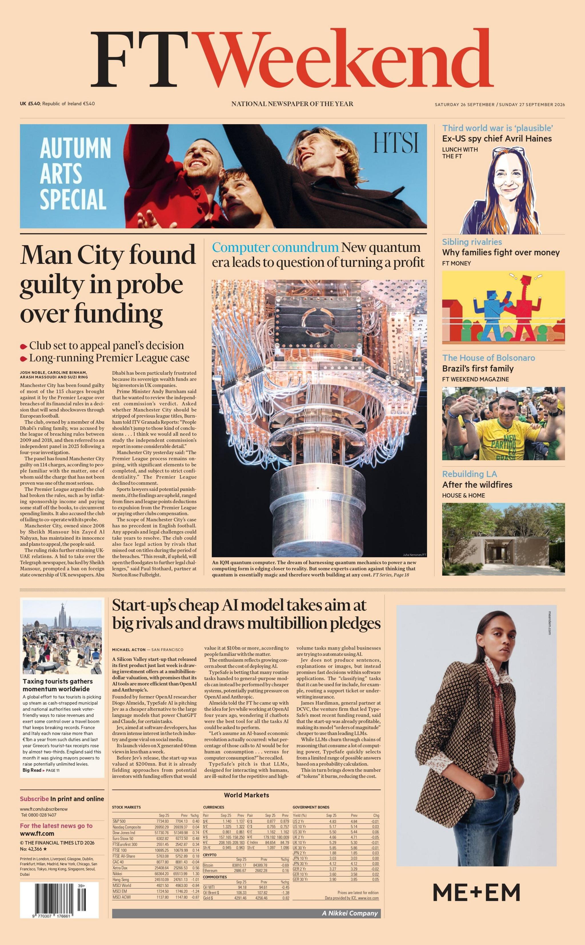 "Man City found guilty in probe over funding," reads the headline on the front page of the FT Weekend.
