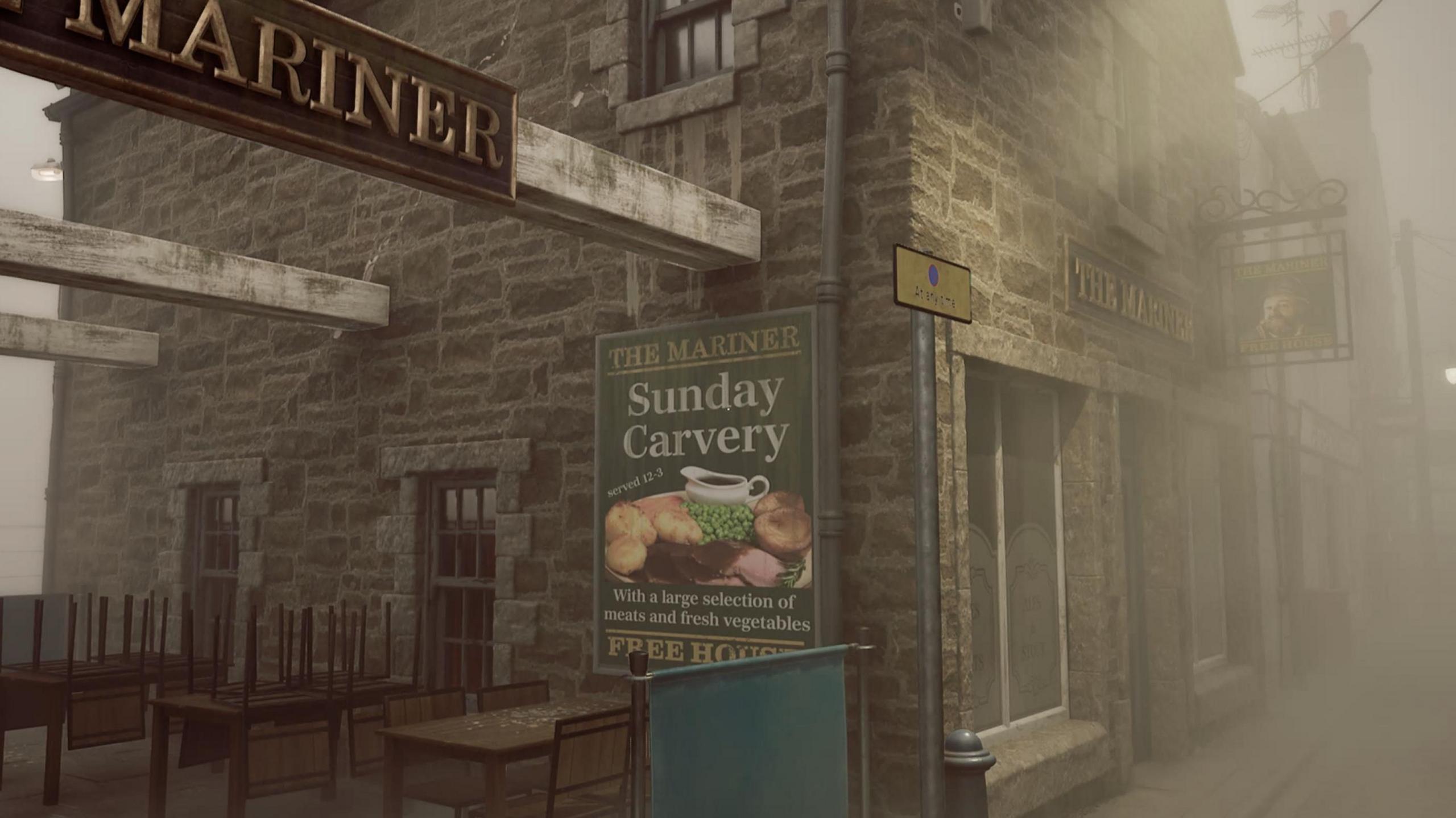 An in-game screenshot showing a poster for a Sunday Carvery at a pub called The Mariner