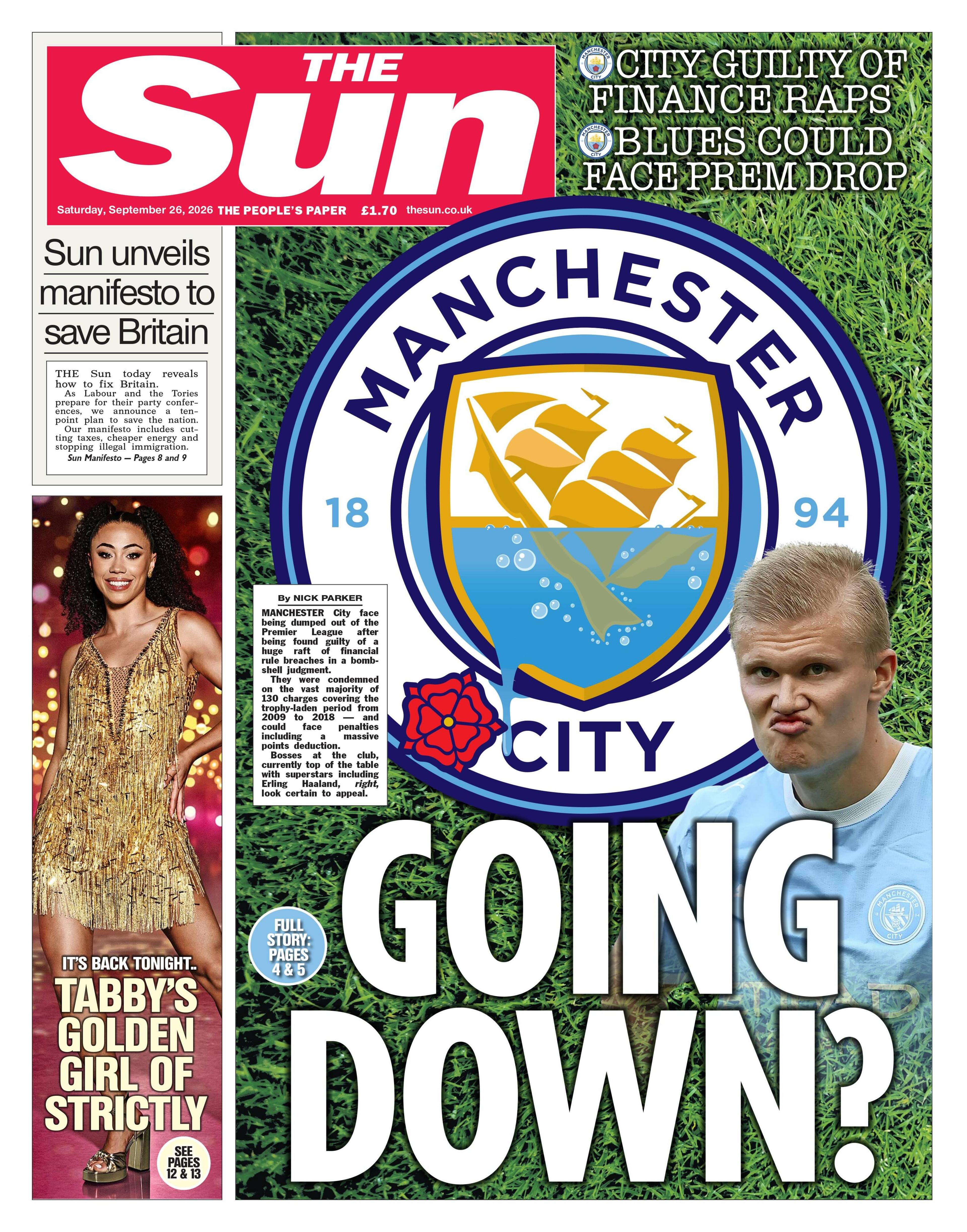 Manchester City's logo features under the headline "going down?" on the Sun's front page.