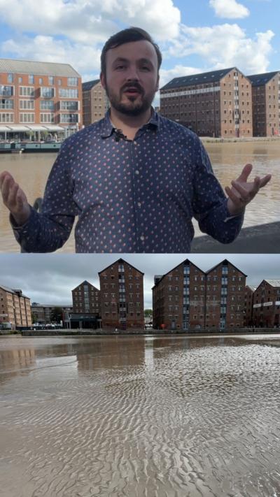 A split image showing a man in a shirt on the top and Gloucester Docks on the bottom.