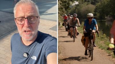 Left, a man in glasses speaks to the camera. Right, a group of cyclists bike along a riverbank.