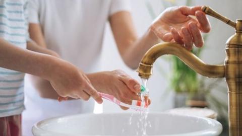 A close-up of two people using a bathroom tap to dampen their toothbrushes.