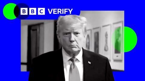 President Trump in black and white walking down a corridor bordered with the BBC Verify blue and green branding. 