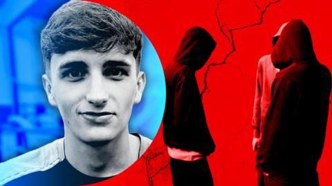Dylan, a 20-year-old boxer pictured in a black and grey training top. He has short brown hair and dark eyes. Beside him is another image of three men wearing hooded tops.