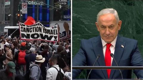 A split screen of an anti-Israel protest on the left and an image of Netanyahu on the right standing at a lectern.