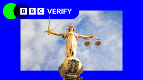  The golden Statue of Justice from the Old Bailey, in a BBC Verify branded border.