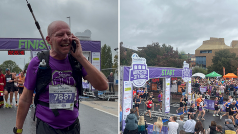 Two images. On the left Tim Boswell can be seen at the finishing line of the Worcester half marathon. He is wearing a purple shirt with his race number on the front, and a backpack with a large flag pole sticking out. On the right runners can be seen at the start line of the half marathon. 