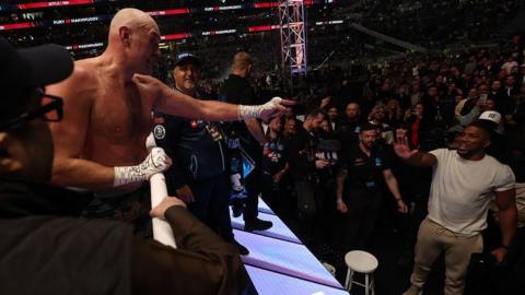 Tyson Fury points to Anthony Joshua after Fury's win against Arslanbek Makhmudov in April