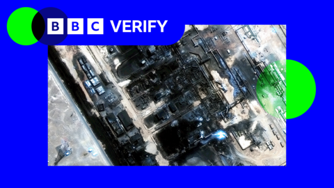 A satellite image of a damaged oil refinery 