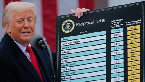 A smiling US President Donald Trump pictured at the White House holding a large board which shows the tariffs he is introducing on foreign imports, listed by country.