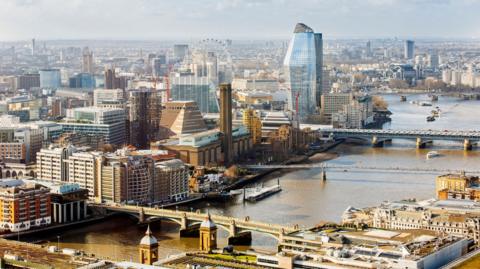 Aerial view of the River Thames and the Houses of Parliament