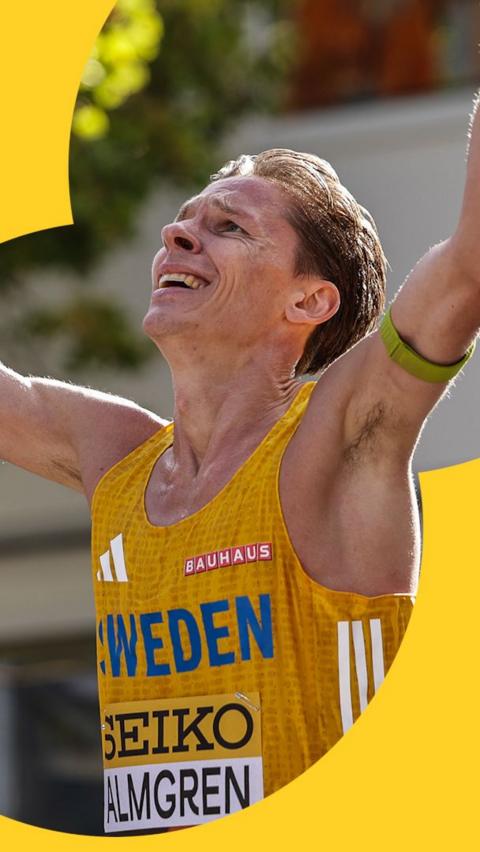 Andreas Almgren reacts after winning the half marathon