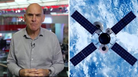 Split screen of Jonathan Beale and a satellite in space.