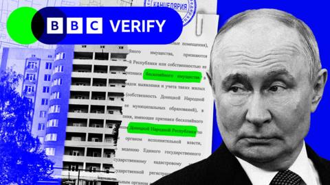 Vladimir Putin against a blue background next to documents and apartment blocks 