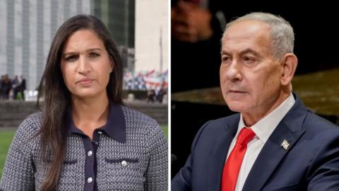 Split screen. Left, Nada Tawfik. Right, Benjamin Netanyahu.