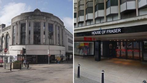 The Beatties building stands on the corner of two streets in Wolverhampton. The entrance of House of Fraser is seen with a large concrete facde above the doors and a sign of the store.
