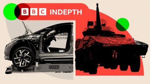 Montage image showing a GTK boxer armoured fighting vehicle on the right with a red background, and a Volkswagen car being assembled with a grey backdrop on the left.