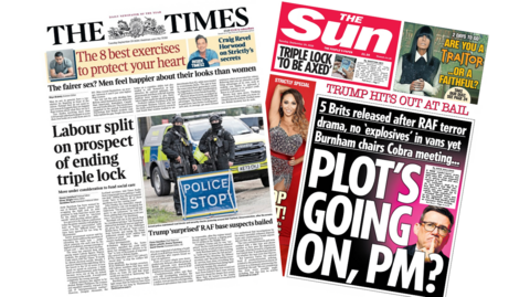 The headline on the front page of the Times reads: “Labour split on prospect of ending triple lock”. The headline on the front page of the Sun reads: “Plot's going on, PM?”.