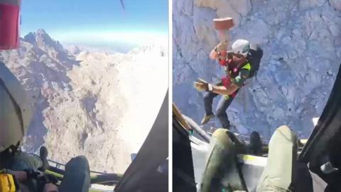 A composite image shows a picture of a rugged mountain surface taken from a bodycam worn by someone on board the helicopter, while the image next to it  shows a rescuer holding onto a winch as he descends from the helicopter 