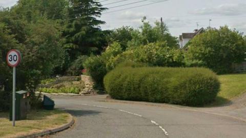 The photo shows a road which curves round at the end. There are bushes, trees and grass either side, as well as a 30mph speed limit sign.