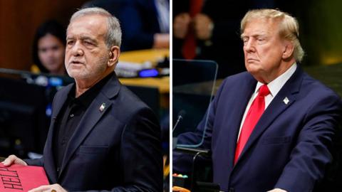 A split screen of Iran's president on the left and President Trump on the right. Both stand at a lectern delivering a speech at the UN.