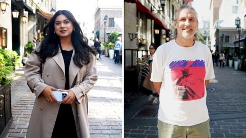Split screen of a woman in a long coat and a man in a t-shirt - both standing outside in a street.