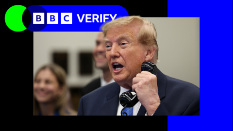 President Donald Trump in a suit, talking into a phone, in a BBC Verify branded border.  