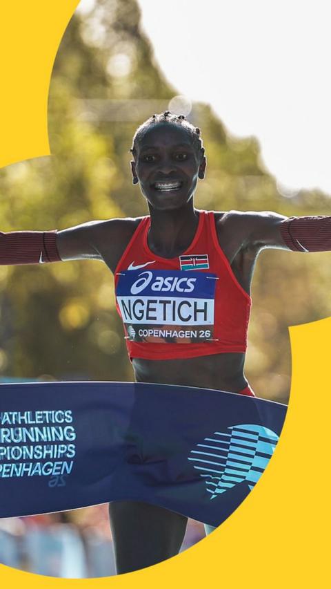 Agnes Ngetich crossing the finish line