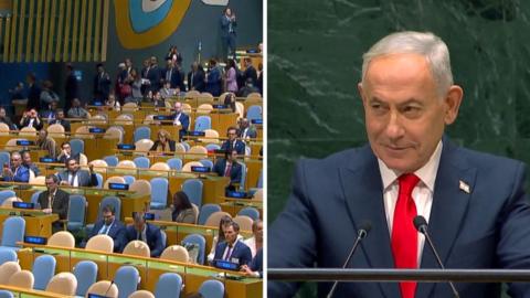 Benjamin Netanyahu split screen with some empty UN seats.