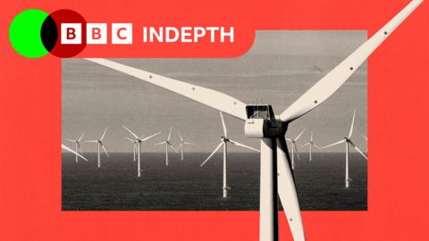 A treated image of multiple offshore wind turbines