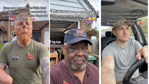 Three screenshots of TikTok videos showing AI-generated servicemen who claim they are making products