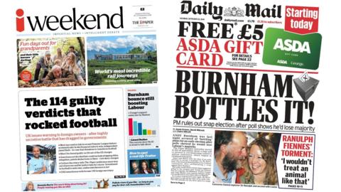 Newspaper headlines: 'Verdicts that rocked football' and 'Burnham bottles it'