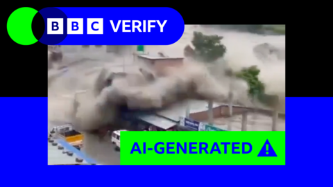 an AI-generated labelled image of floodwaters crashing through onto a Nepalese building with BBC Verify branding