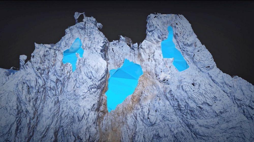 A 3D rendition of the mountains by Project Pressure - areas marked in light blue show where the ice used to be