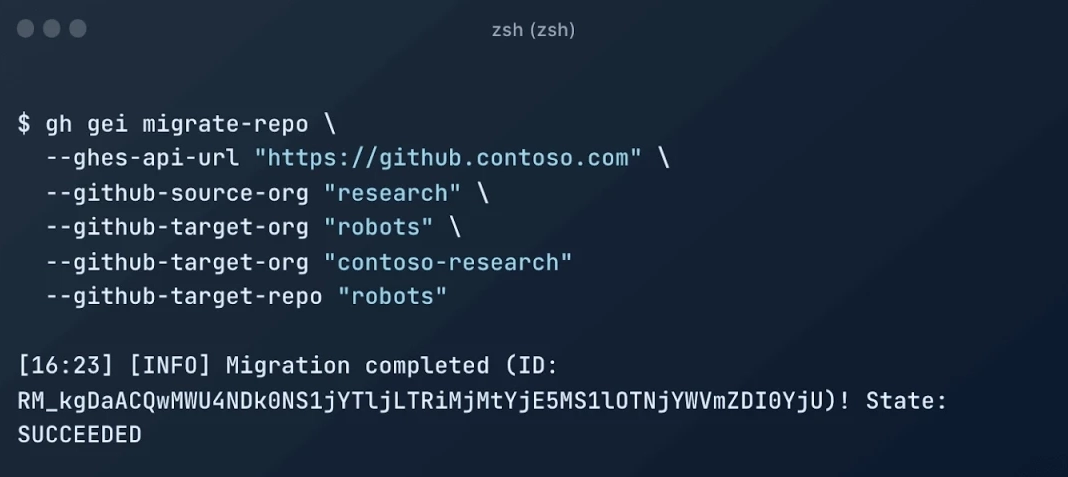 Command line showing completed migration