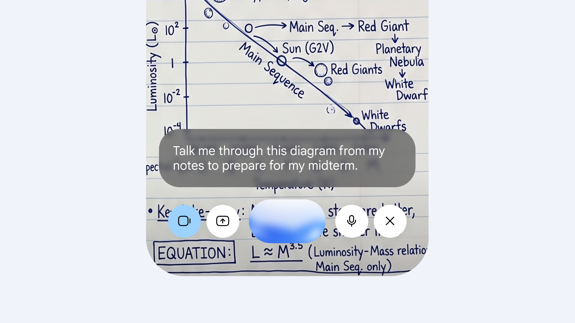 AI assistant prompt asking to explain a handwritten astronomy Hertzsprung-Russell diagram to prepare for a midterm.
