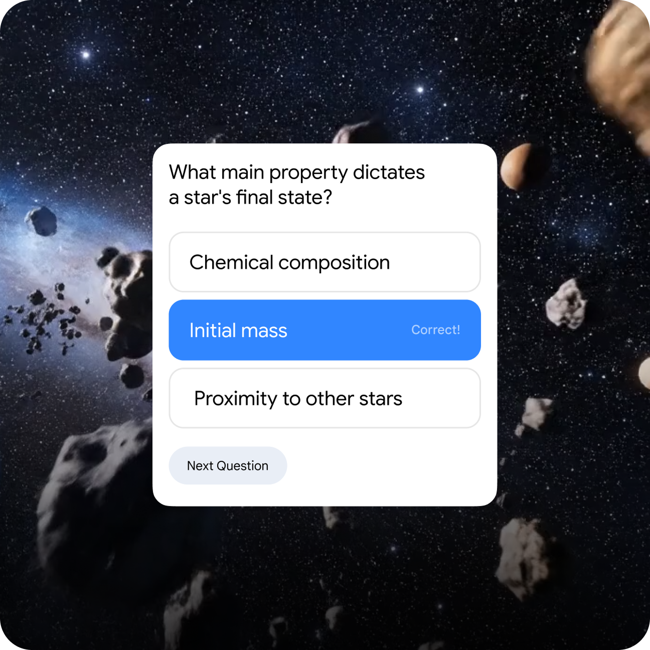 Space trivia question card over an asteroid field with "Initial mass" highlighted blue as the correct answer.