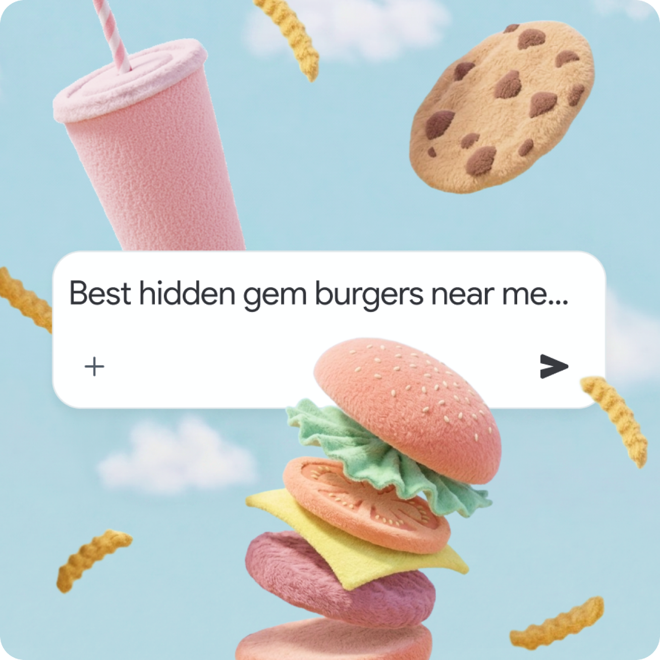 Felt food items float in a blue sky around a search bar reading, "Best hidden gem burgers near me..."