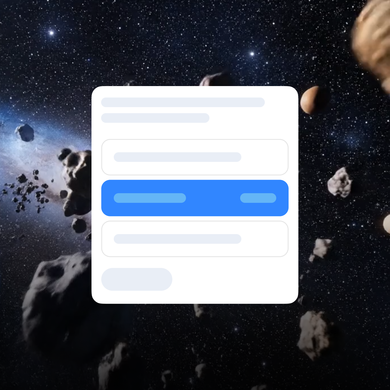 Space trivia question card over an asteroid field with "Initial mass" highlighted blue as the correct answer.