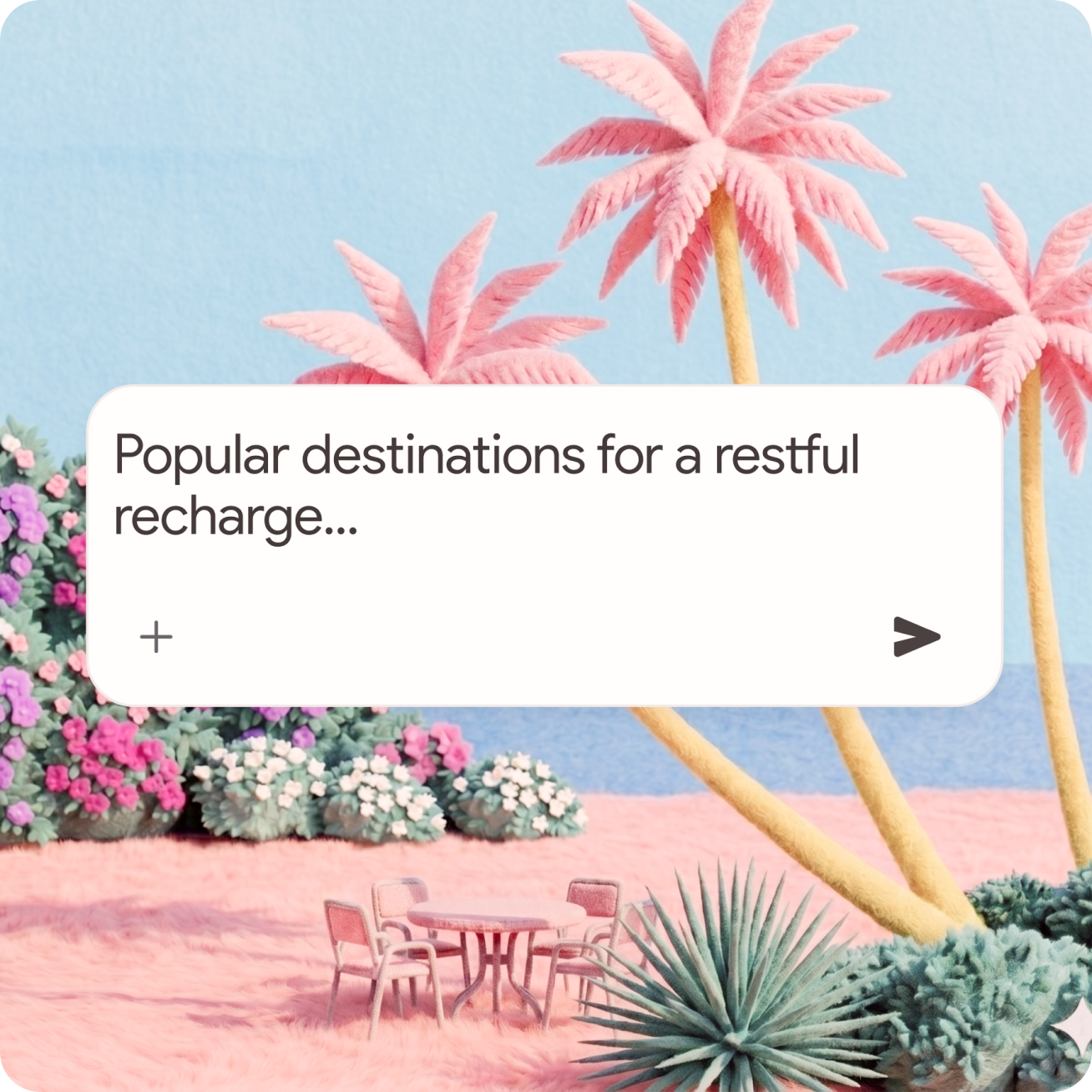 Surreal pink landscape with palm trees and a text prompt: "Popular destinations for a restful recharge..."