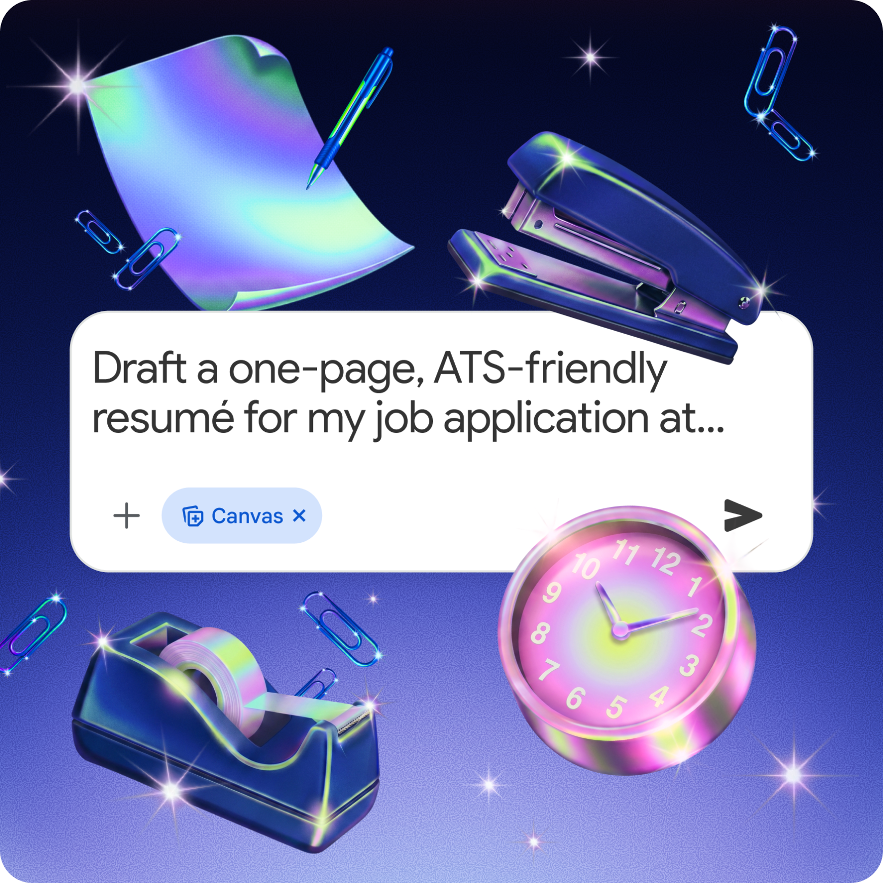 AI interface prompt to draft an ATS-friendly resume surrounded by iridescent office supplies on a starry background.