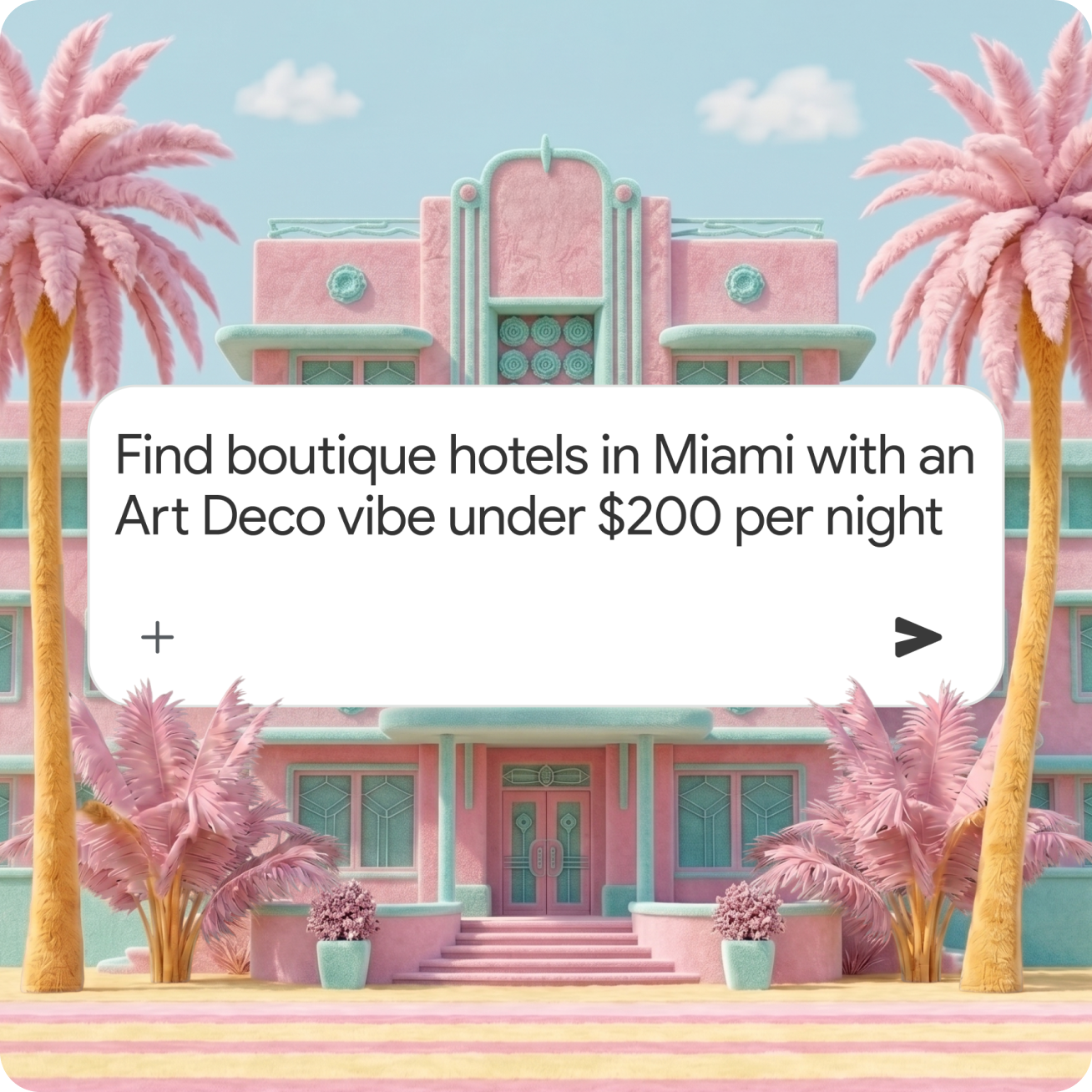 A pink Art Deco hotel with palm trees and a search bar for Miami boutique hotels under $200 per night.